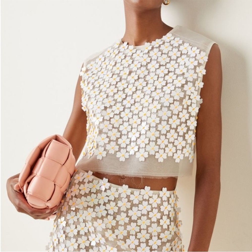 Aje White Floral Embellished Crop Top Chiffon Base Bridal Statement Piece